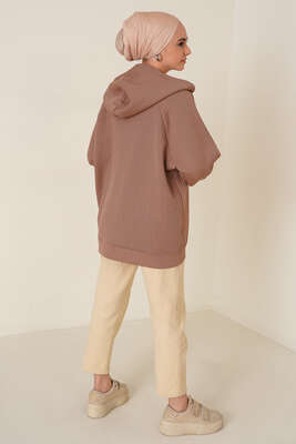 Kapüşonlu Waffle Kumaş Tunik Vizon - Thumbnail