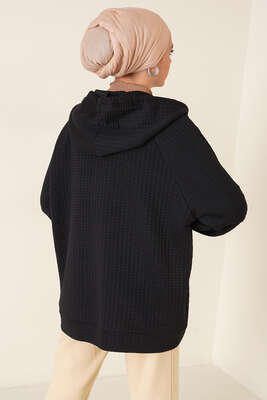 Kapüşonlu Waffle Kumaş Tunik Siyah - Thumbnail