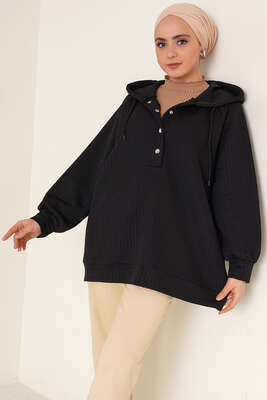 Kapüşonlu Waffle Kumaş Tunik Siyah - Thumbnail