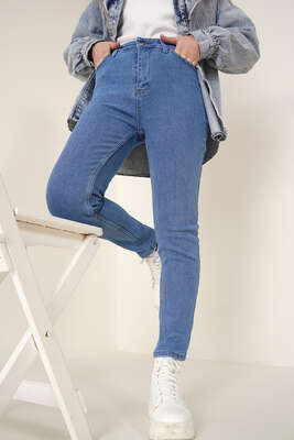 Pazarium - Dar Paça Skinny Jean Pantolon Açık Mavi