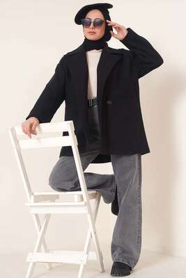 Kruvaze Yaka Kısa Kaşe Kaban Siyah - Thumbnail