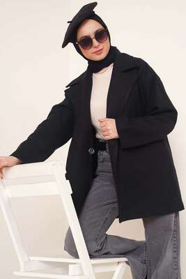 Kruvaze Yaka Kısa Kaşe Kaban Siyah - Thumbnail