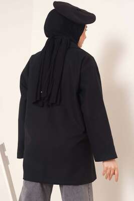 Kruvaze Yaka Kısa Kaşe Kaban Siyah - Thumbnail