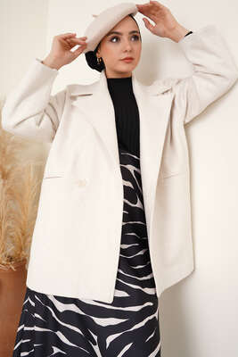 Kruvaze Yaka Kısa Kaşe Kaban Ekru - Thumbnail