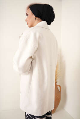 Kruvaze Yaka Kısa Kaşe Kaban Ekru - Thumbnail