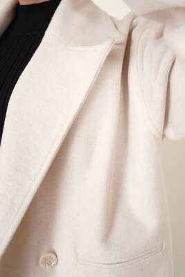 Kruvaze Yaka Kısa Kaşe Kaban Ekru - Thumbnail