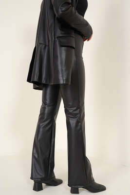 İspanyol Paça Çimalı Deri Pantolon Siyah - Thumbnail