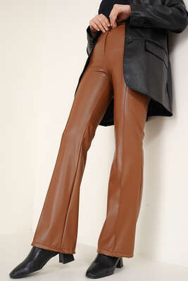 İspanyol Paça Çimalı Deri Pantolon Taba - Thumbnail