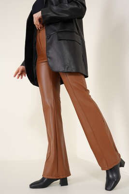 İspanyol Paça Çimalı Deri Pantolon Taba - Thumbnail