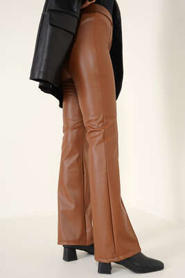 İspanyol Paça Çimalı Deri Pantolon Taba - Thumbnail