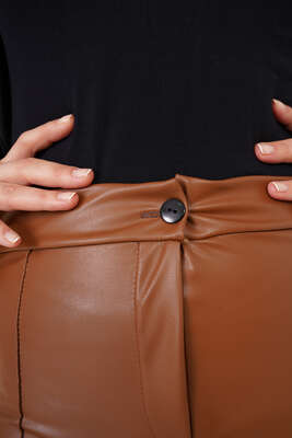 İspanyol Paça Çimalı Deri Pantolon Taba - Thumbnail