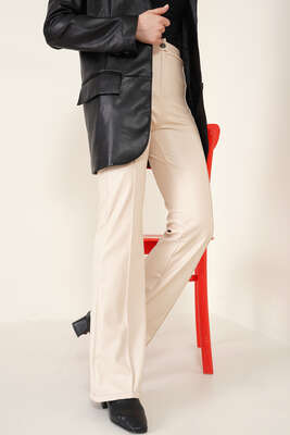 İspanyol Paça Çimalı Deri Pantolon Krem - Thumbnail