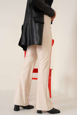 İspanyol Paça Çimalı Deri Pantolon Krem - Thumbnail