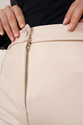 İspanyol Paça Çimalı Deri Pantolon Krem - Thumbnail