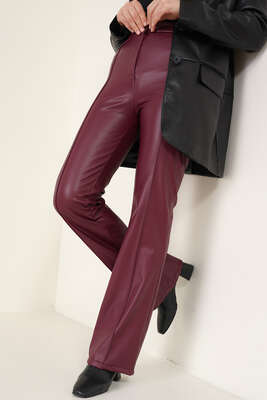 Pazarium - İspanyol Paça Çimalı Deri Pantolon Bordo