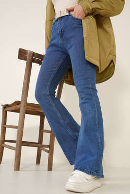 İspanyol Paça Jean Pantolon Orta Mavi - Thumbnail