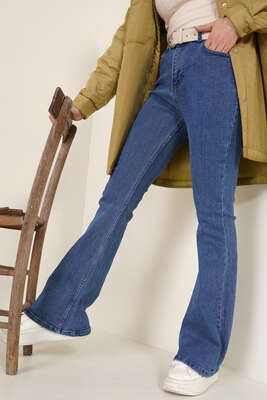 İspanyol Paça Jean Pantolon Orta Mavi - Thumbnail