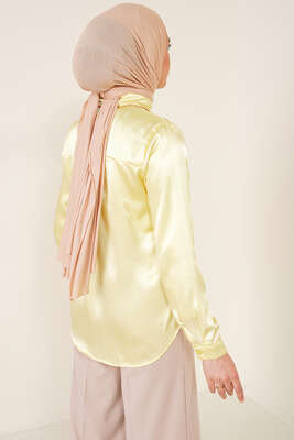 Hafif Dökümlü Saten Gömlek Sarı - Thumbnail