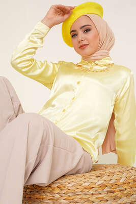 Hafif Dökümlü Saten Gömlek Sarı - Thumbnail