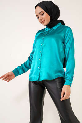 Pazarium - Hafif Dökümlü Saten Gömlek Petrol