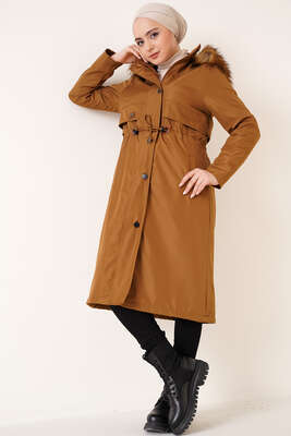 Pazarium - Armalı Bel Büzgülü Kaban Latte