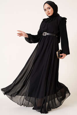 Pazarium - Kolları Piliseli Elbise Siyah