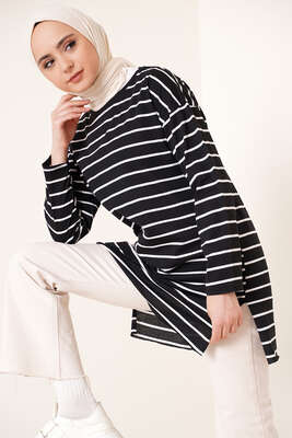 Şeritli Tunik Siyah - Thumbnail