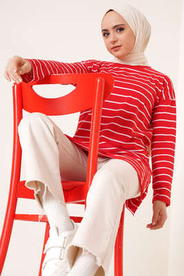 Pazarium - Şeritli Tunik Kırmızı
