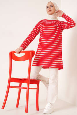 Şeritli Tunik Kırmızı - Thumbnail
