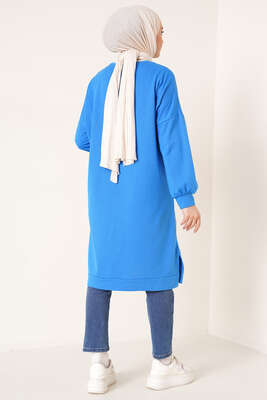 Yırtmaçlı Uzun Tunik Saks - Thumbnail