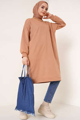 Yırtmaçlı Uzun Tunik Latte - Thumbnail