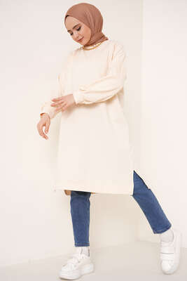 Yırtmaçlı Uzun Tunik Bej - Thumbnail