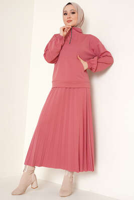 Fermuarlı Etekli İkili Takım Gül Kurusu - Thumbnail