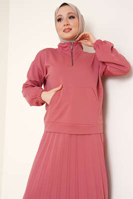 Fermuarlı Etekli İkili Takım Gül Kurusu - Thumbnail