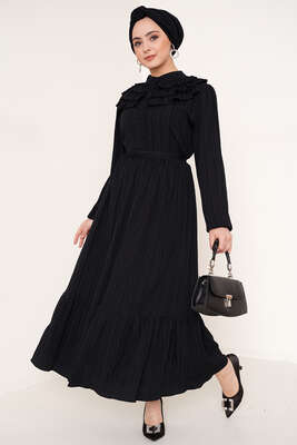 Yakası Fırfır Detaylı Elbise Siyah - Thumbnail