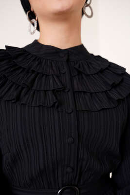 Yakası Fırfır Detaylı Elbise Siyah - Thumbnail