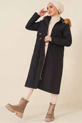 Pazarium - Armalı Bel Büzgülü Kaban Siyah