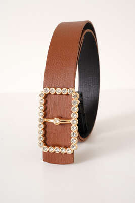 Pazarium - Pırlanta Taşlı Dikdörtgen Toka Kemer Taba