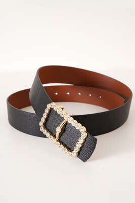 Pazarium - Pırlanta Taşlı Dikdörtgen Toka Kemer Siyah