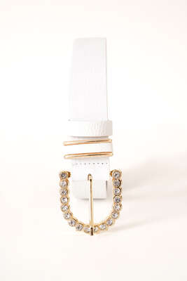 Tokası Oval Pırlantalı Kemer Beyaz - Thumbnail