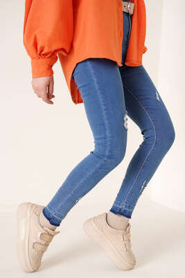 Paçaları Sökük Jean Pantolon Orta Kot - Thumbnail