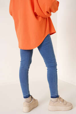 Paçaları Sökük Jean Pantolon Orta Kot - Thumbnail