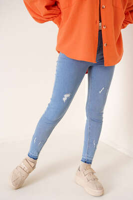 Paçaları Sökük Jean Pantolon Açık Kot - Thumbnail