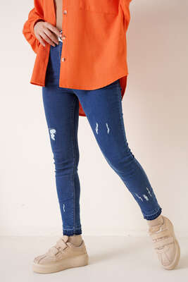 Paçaları Sökük Jean Pantolon Koyu Kot - Thumbnail