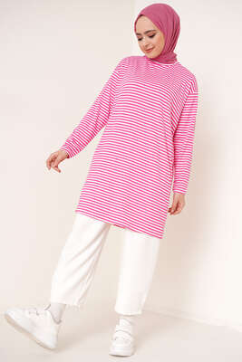 İnce Çizgili Tunik Fuşya - Thumbnail