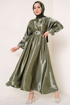 Yarasa Kol Saten Elbise Su Yeşili - Thumbnail