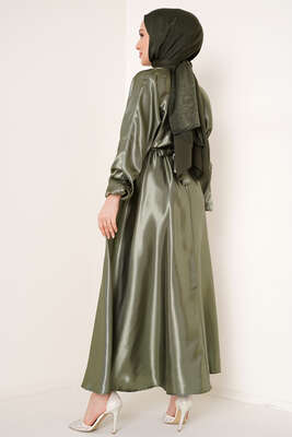 Yarasa Kol Saten Elbise Su Yeşili - Thumbnail