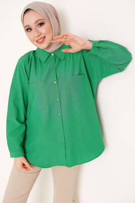 Çift Cep Gömlek Zümrüt Yeşili - Thumbnail
