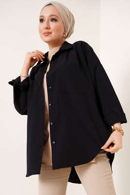 Çift Cep Gömlek Siyah - Thumbnail