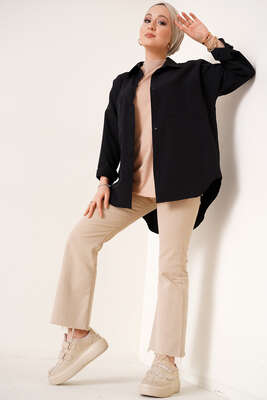 Çift Cep Gömlek Siyah - Thumbnail